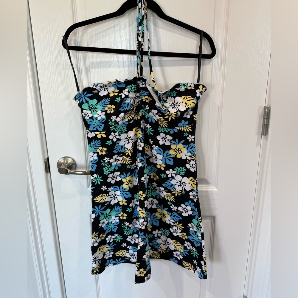 Forever 21 Black Floral Halter Dress with Blue, Yellow & White Flowers